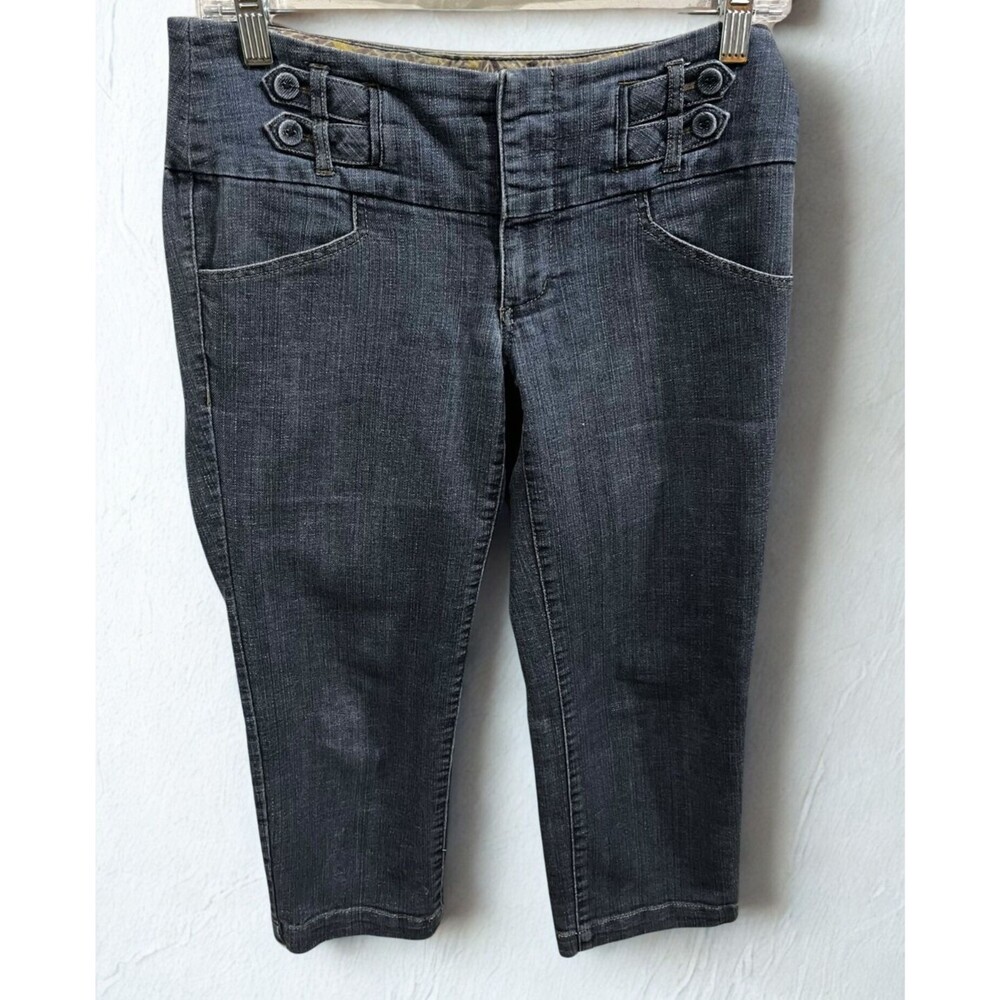 One 5 One Jeans Womens 4 Capri Cropped Blue Stretch Denim Button Strap Boho